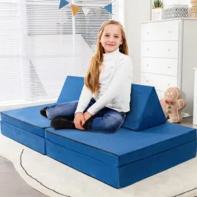 4-Piece Convertible Kids Couch Set With 2 Folding Mats-Blue