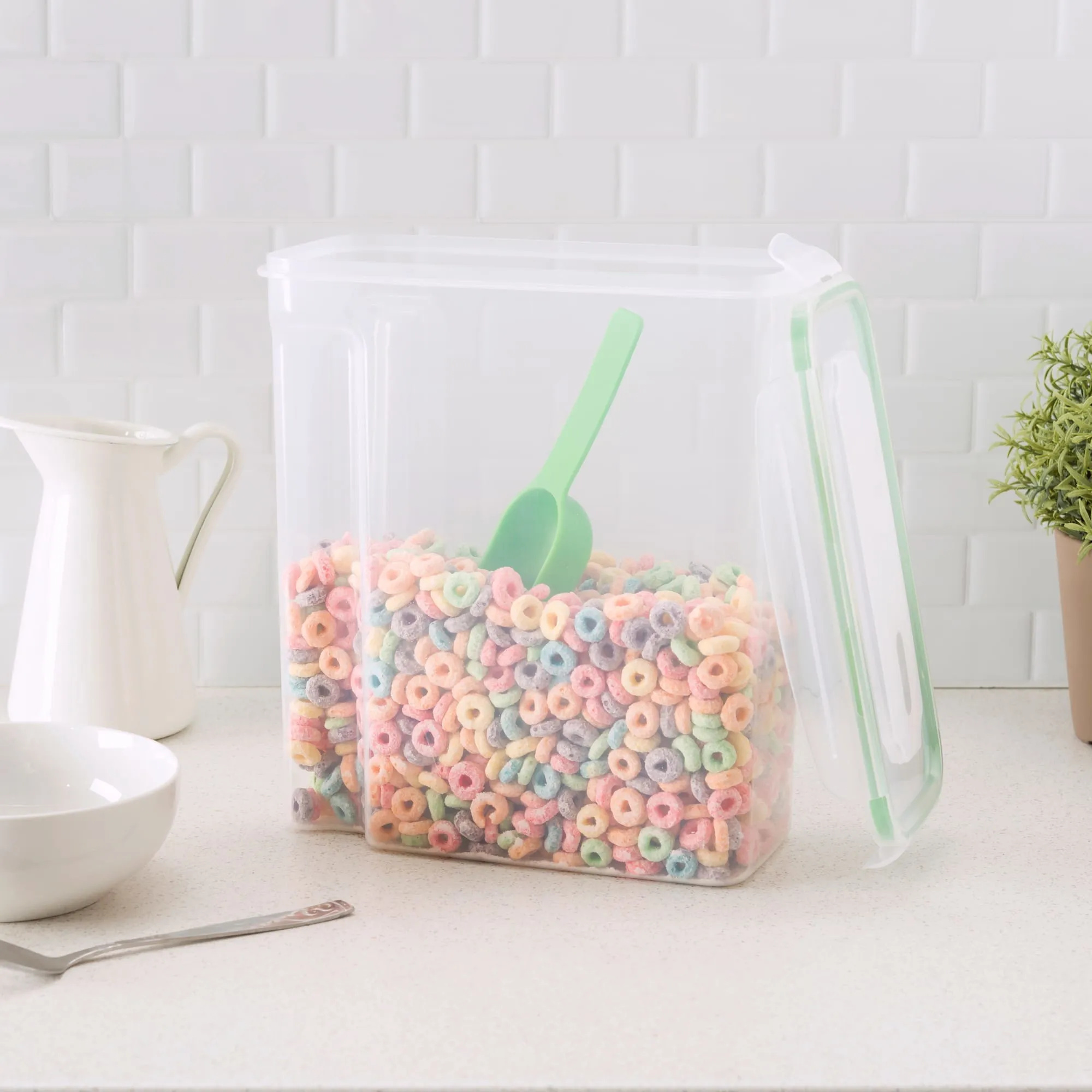 4-Sided Locking Plastic Cereal Storage Container with Spoon, Seafoam Green