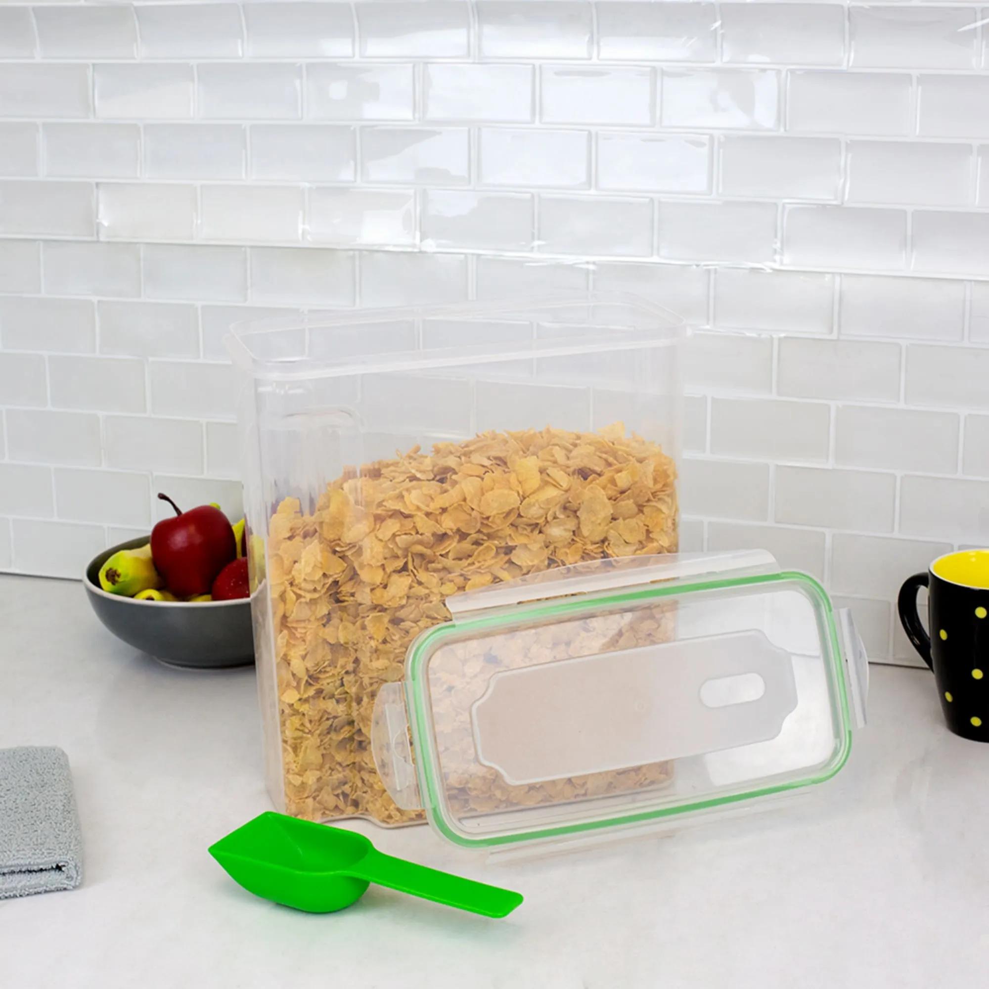 4-Sided Locking Plastic Cereal Storage Container with Spoon, Seafoam Green