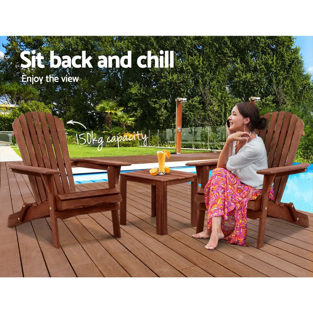 Adirondack Gardeon 3PC Outdoor Table and Chairs Wooden Foldable Beach Chair Brown