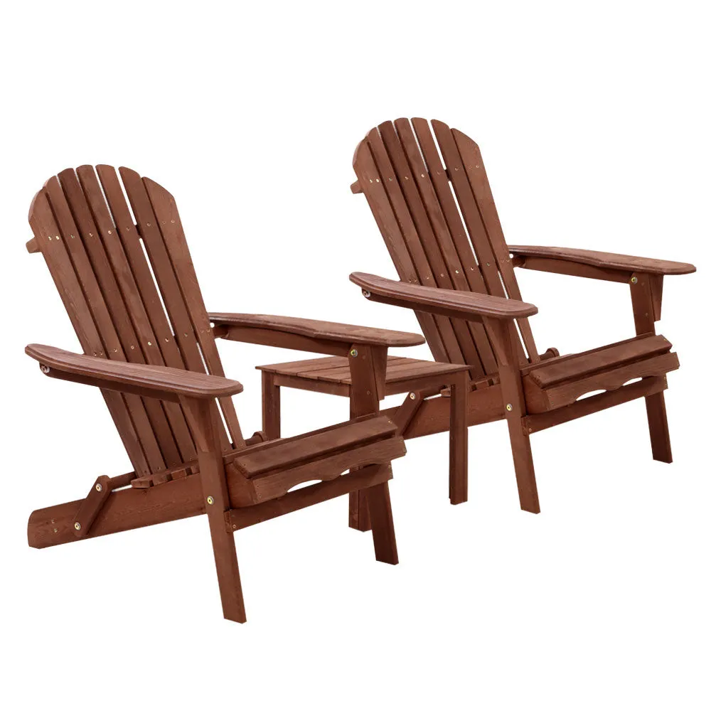 Adirondack Gardeon 3PC Outdoor Table and Chairs Wooden Foldable Beach Chair Brown