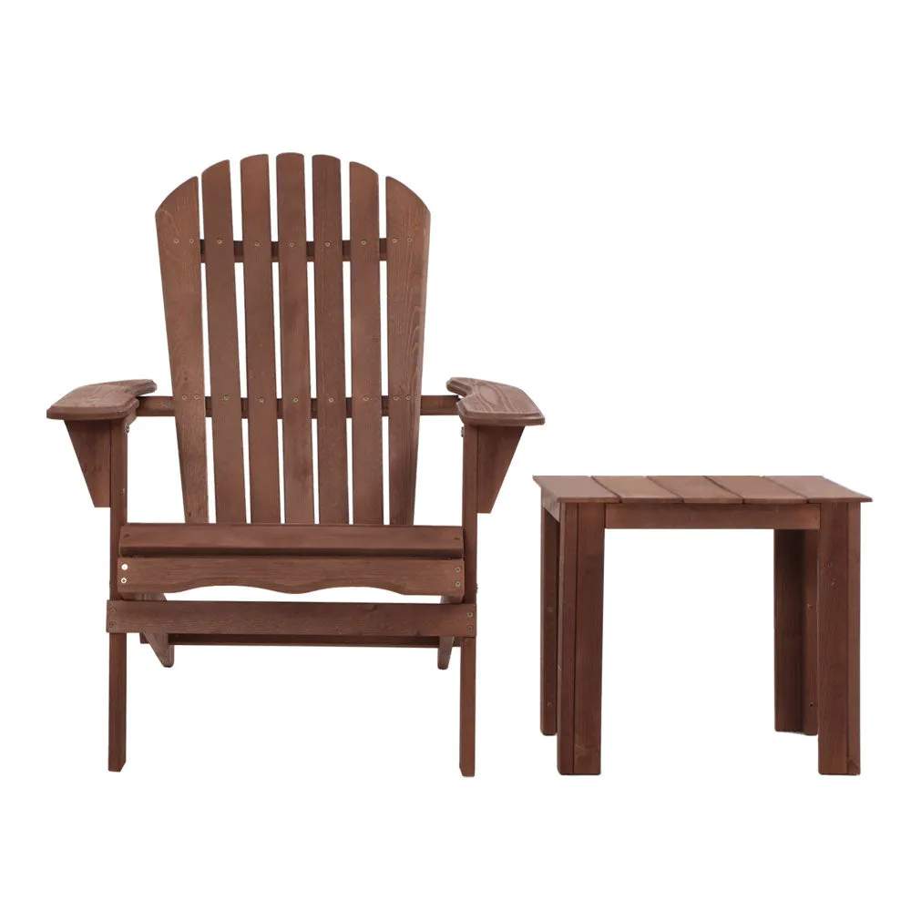 Adirondack Gardeon 3PC Outdoor Table and Chairs Wooden Foldable Beach Chair Brown