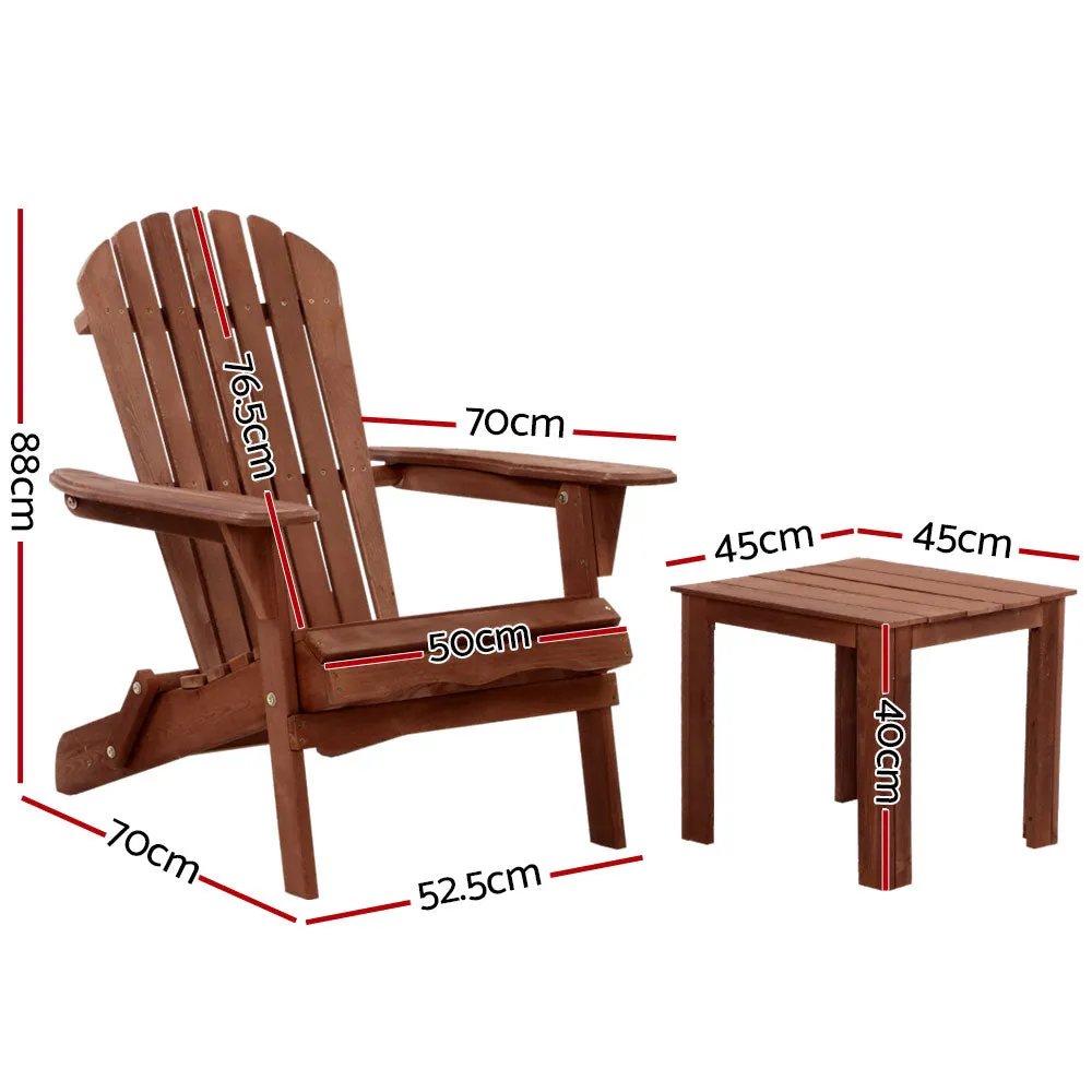 Adirondack Gardeon 3PC Outdoor Table and Chairs Wooden Foldable Beach Chair Brown