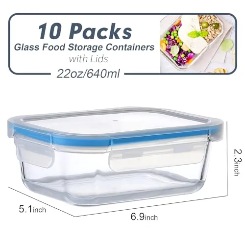 BAYZZ Glass Meal Prep Containers, 10 Packs 22 oz Airtight Glass Food Storage Containers with lids, Glass Lunch Containers, Microwave, Oven, Freezer & Dishwasher Safe, Blue