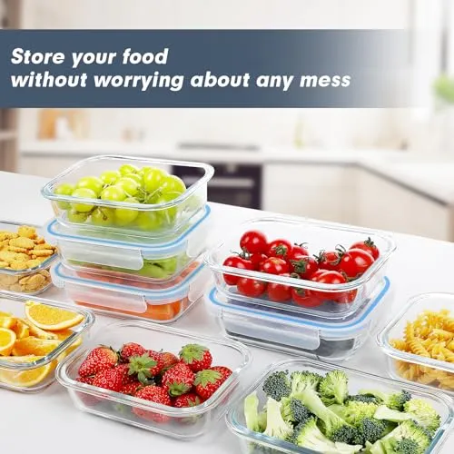 BAYZZ Glass Meal Prep Containers, 10 Packs 22 oz Airtight Glass Food Storage Containers with lids, Glass Lunch Containers, Microwave, Oven, Freezer & Dishwasher Safe, Blue