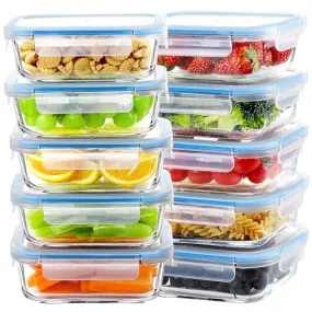 BAYZZ Glass Meal Prep Containers, 10 Packs 22 oz Airtight Glass Food Storage Containers with lids, Glass Lunch Containers, Microwave, Oven, Freezer & Dishwasher Safe, Blue