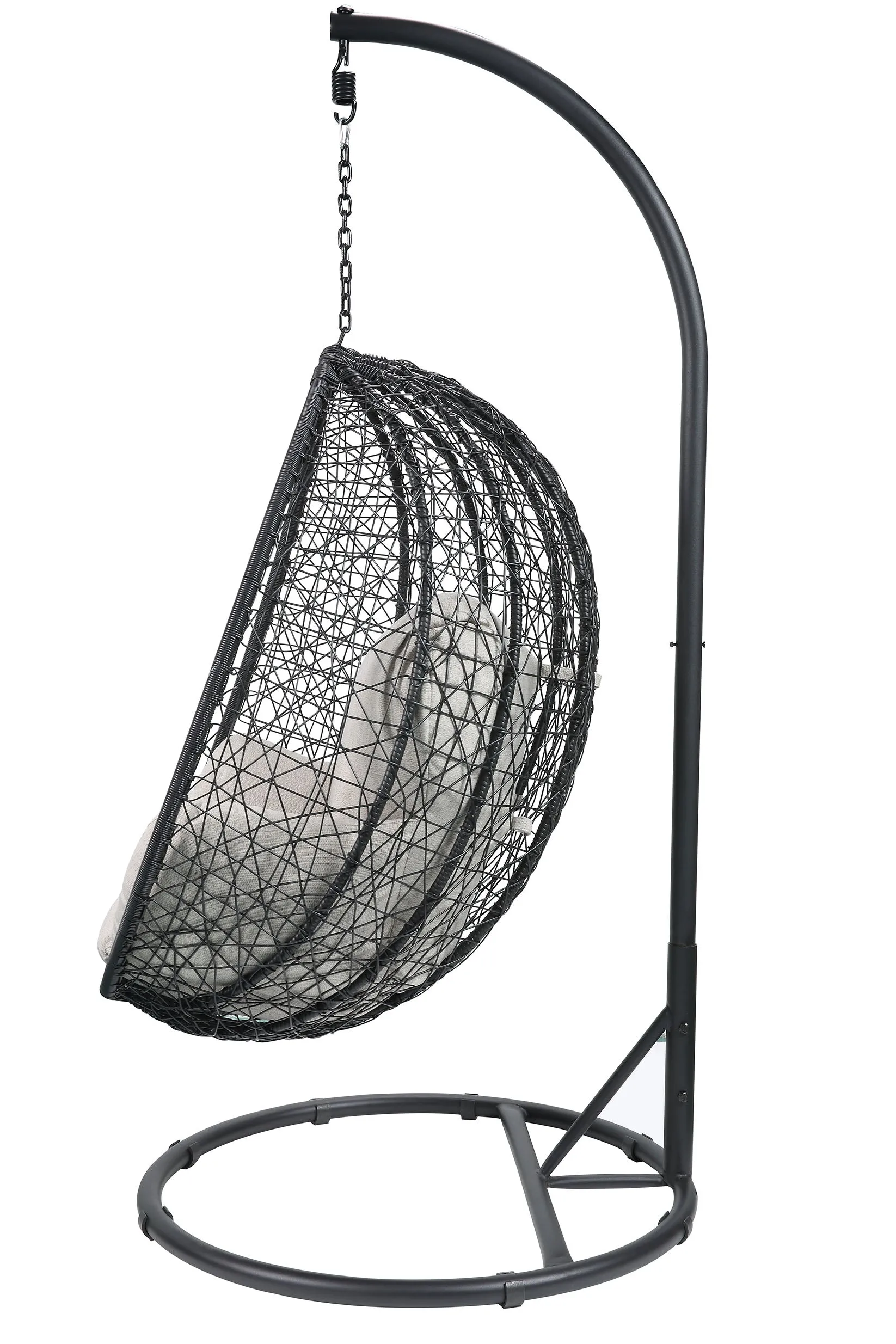 BEIGE AND BLACK HANGING POD WICKER PATIO SWING CHAIR