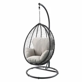 BEIGE AND BLACK HANGING POD WICKER PATIO SWING CHAIR