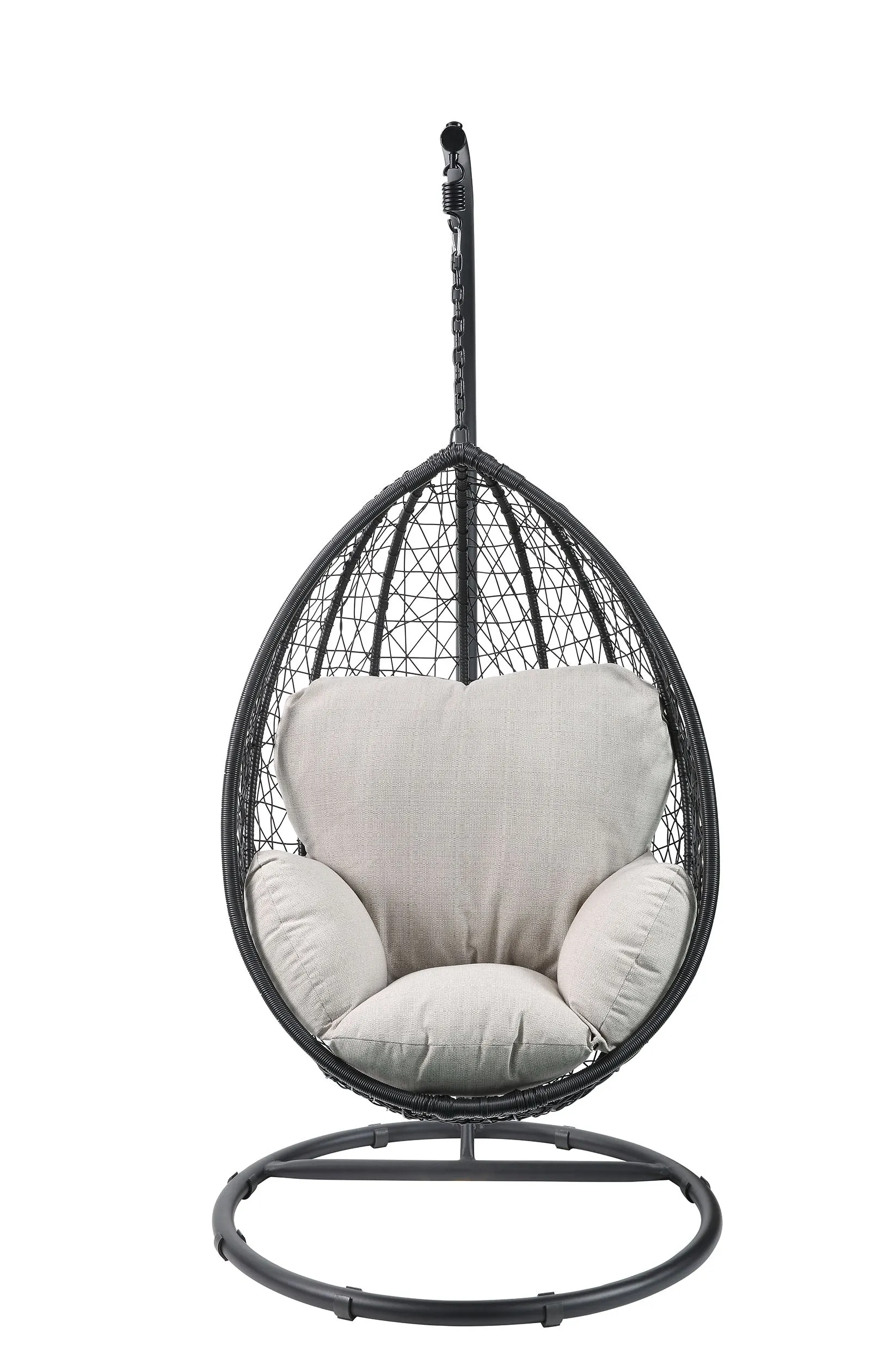 BEIGE AND BLACK HANGING POD WICKER PATIO SWING CHAIR