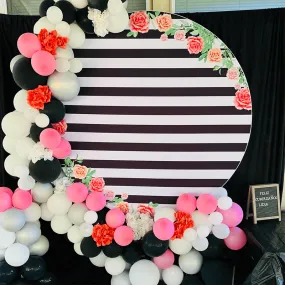 Black and White Stripes Round Backdrop | Floral Party Decoration - Designed, Printed and Shipped