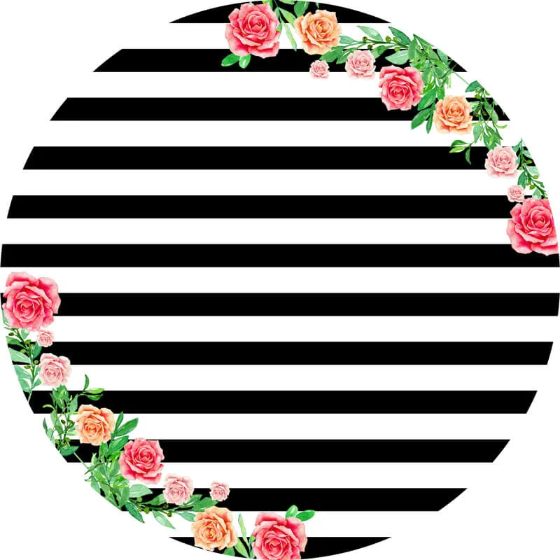 Black and White Stripes Round Backdrop | Floral Party Decoration - Designed, Printed and Shipped