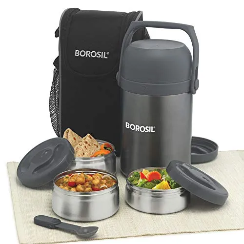 Borosil - Hot-N-Fresh Stainless Steel Insulated Lunch Box, Set of 3 (1pcs 350 ml   2pcs 420 ml), Grey