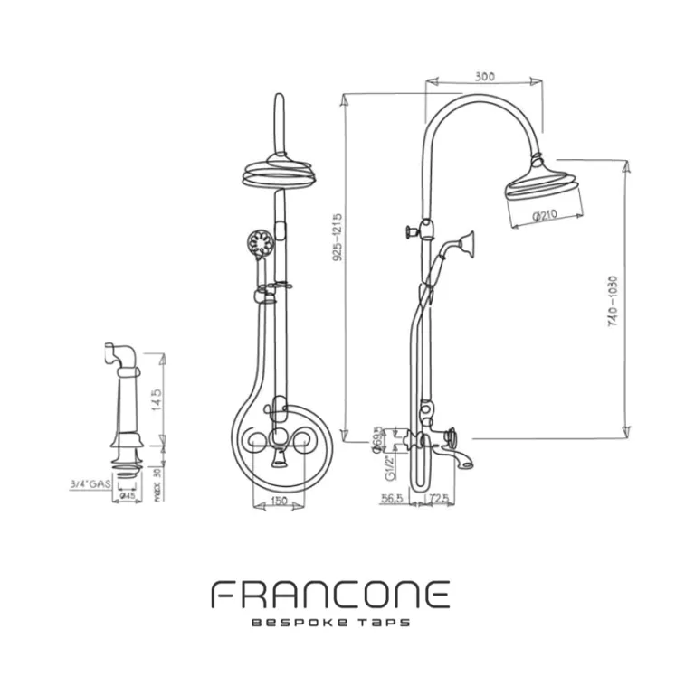 BTS13D Classic deck mounted adjustable column shower with hand shower & bath filler