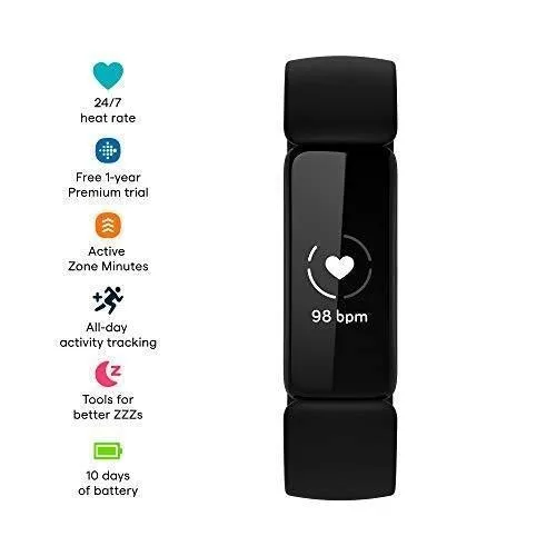 Fitbit Inspire 2 Health & Fitness Tracker with a Free 1-Year Fitbit Premium Trial, 24/7 Heart Rate, Black/Black, One Size (S & L Bands Included)