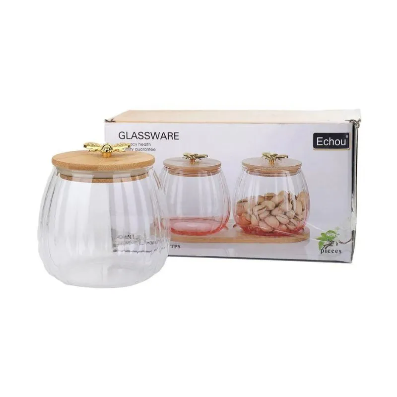 Glass Jars with Wooden Lids Set of 2pcs