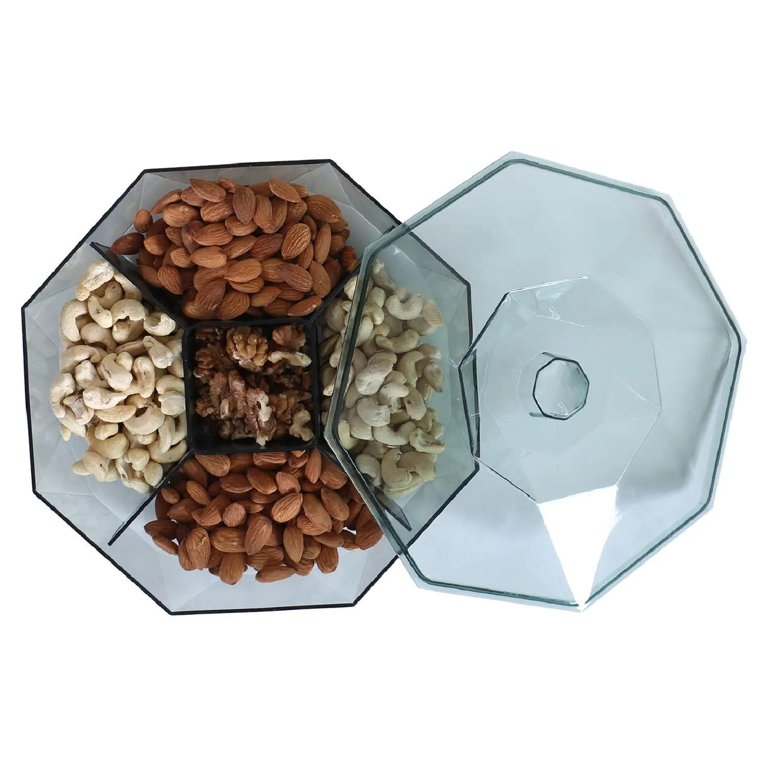 Heart Home 5 CompartMant Dry Fruit Jar|Octagon Shape Plastic Snackers,Cookies,Nuts Glass Jar|Masala,Grains & Kitchen Jar (Green)