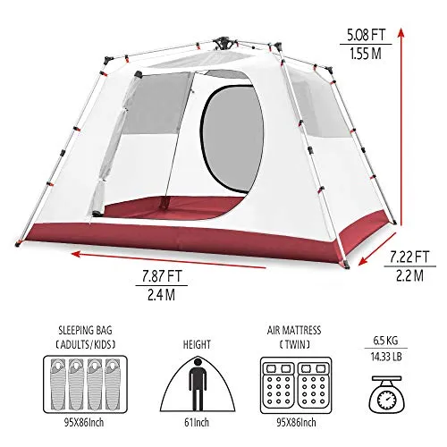 KAZOO Large Camping Easy Set Up Tent 4 Person Waterproof