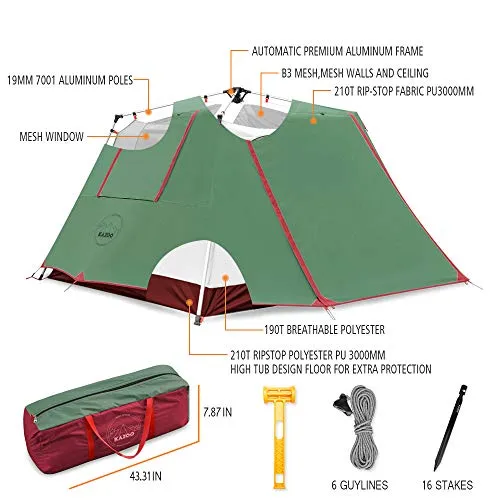 KAZOO Large Camping Easy Set Up Tent 4 Person Waterproof