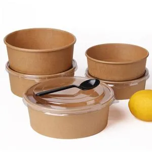 Kraft Paper Food Lunch Bowl Container Round with Clear Lid 16cm