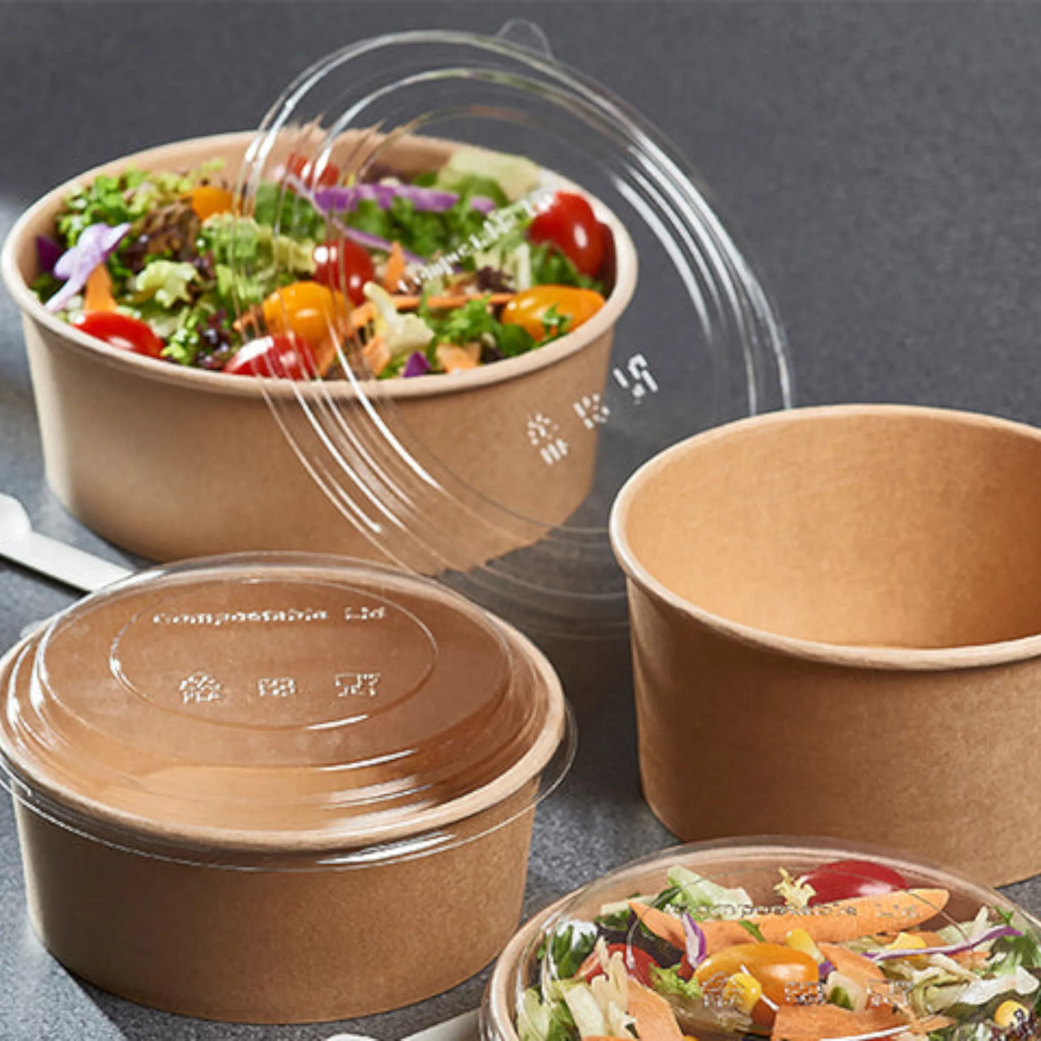 Kraft Paper Food Lunch Bowl Container Round with Clear Lid 16cm