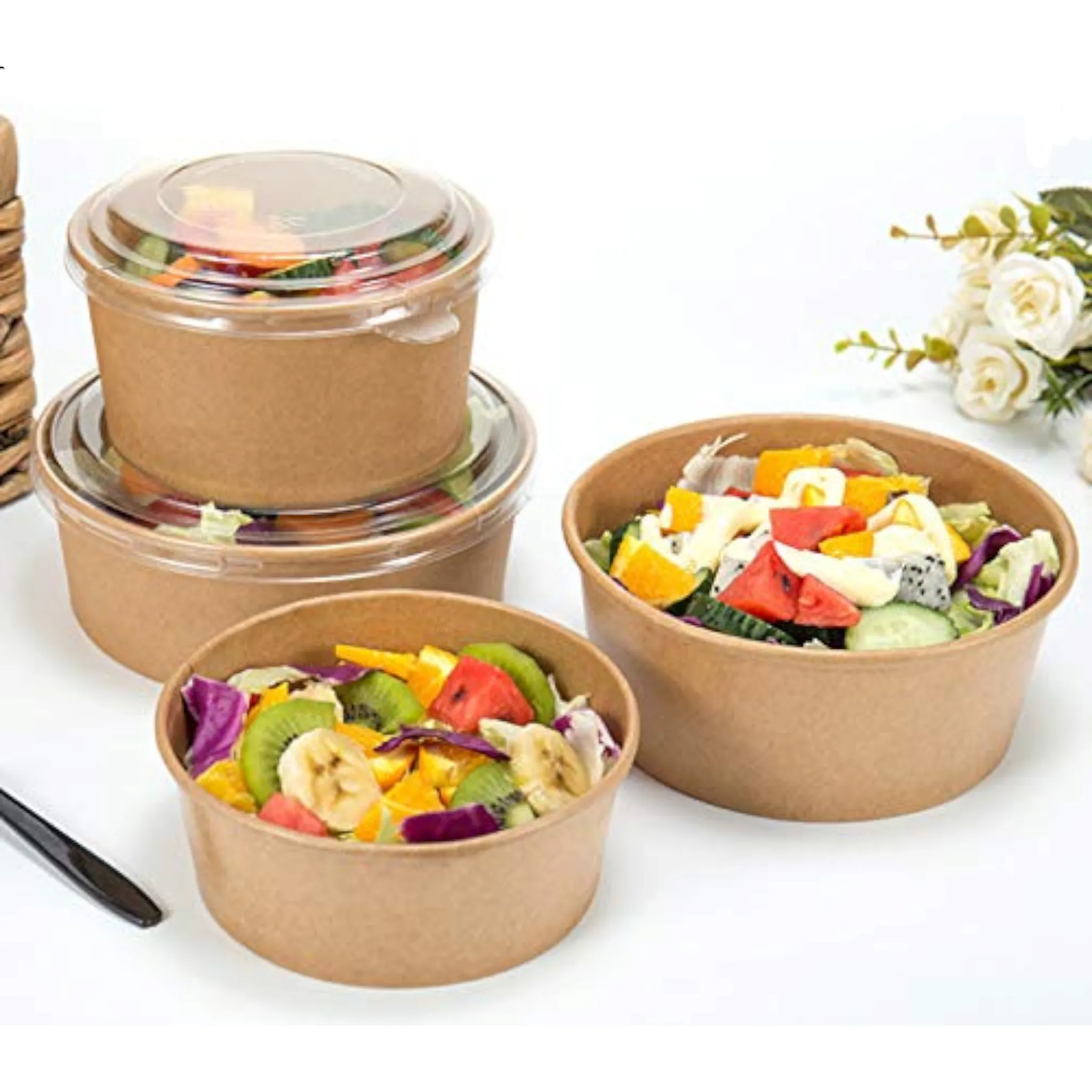 Kraft Paper Food Lunch Bowl Container Round with Clear Lid 16cm