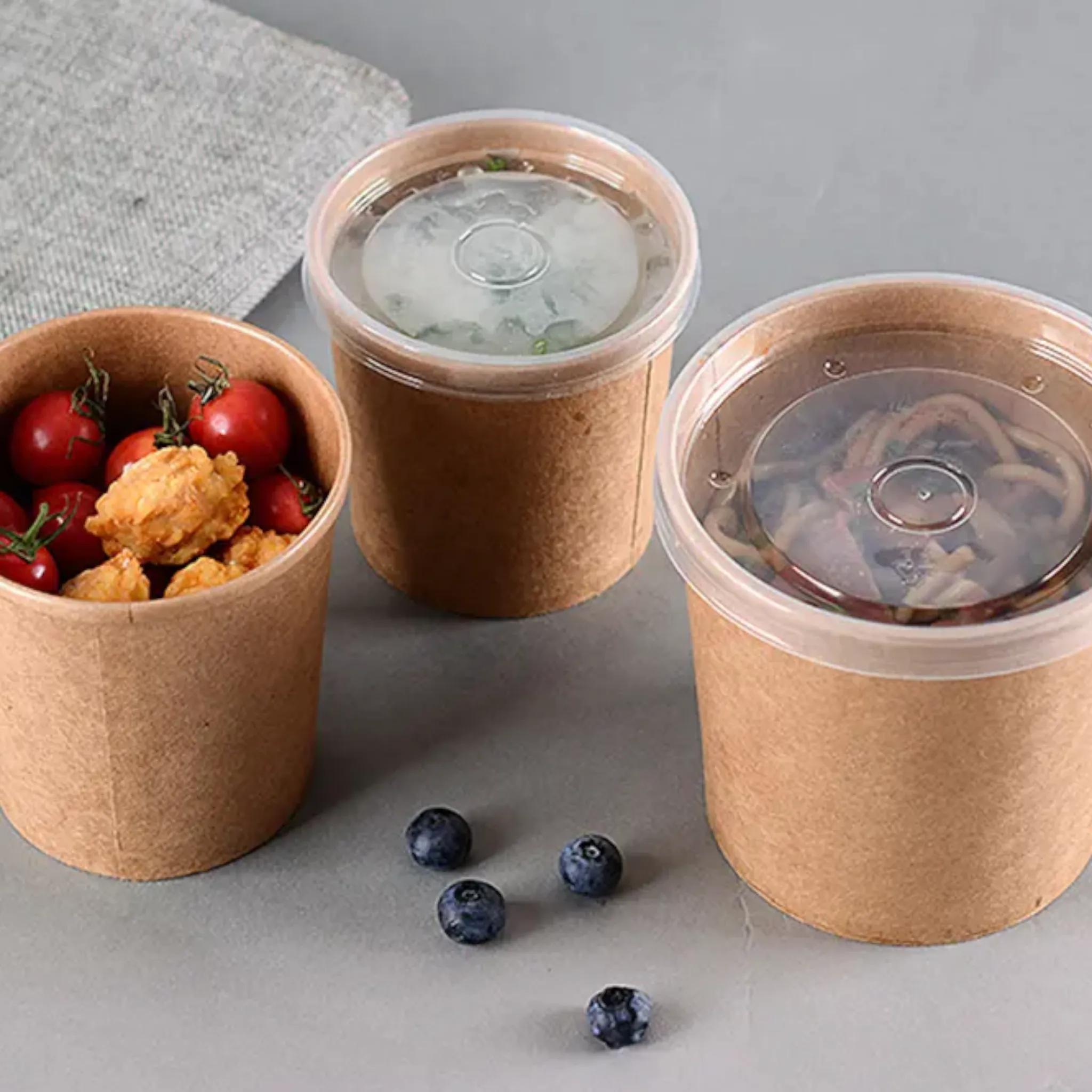 Kraft Paper Food Lunch Soup Bowl Container with Pet Lid 480ml