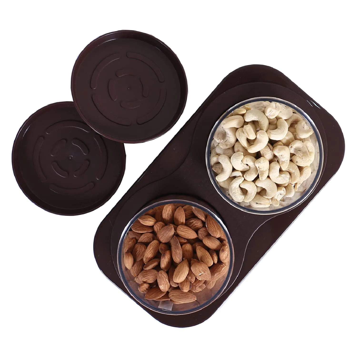 Kuber Industries 2 Containers & Tray Set|Unbreakable Plastic Snackers,Cookies,Nuts Serving Tray|Airtight Containers with Lid,350 ml (Brown)