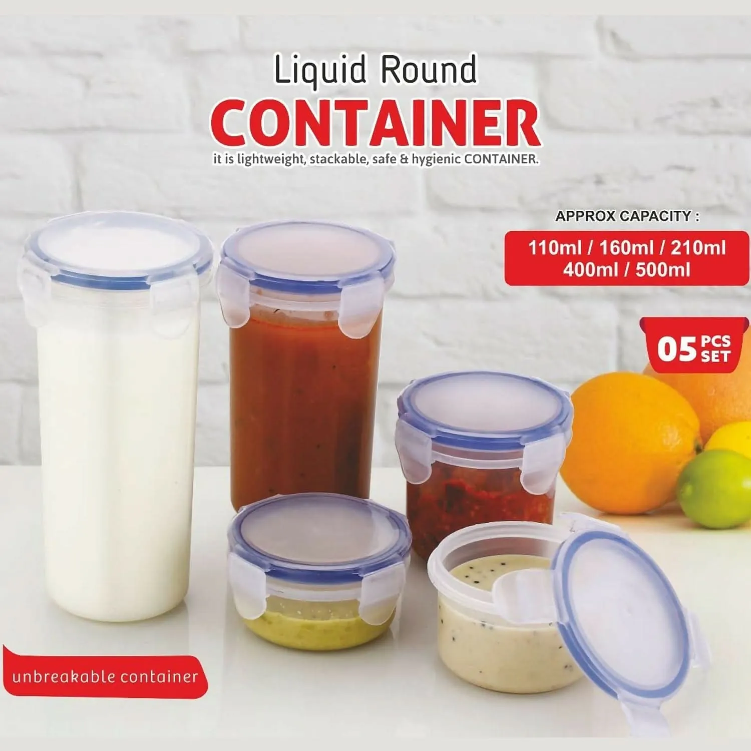 Liquid Round Containers Plastic Airtight Storage Leak Proof Locking Lid Classic Container [Set of 5 (100ml, 160ml, 210ml, 400ml, 500ml)