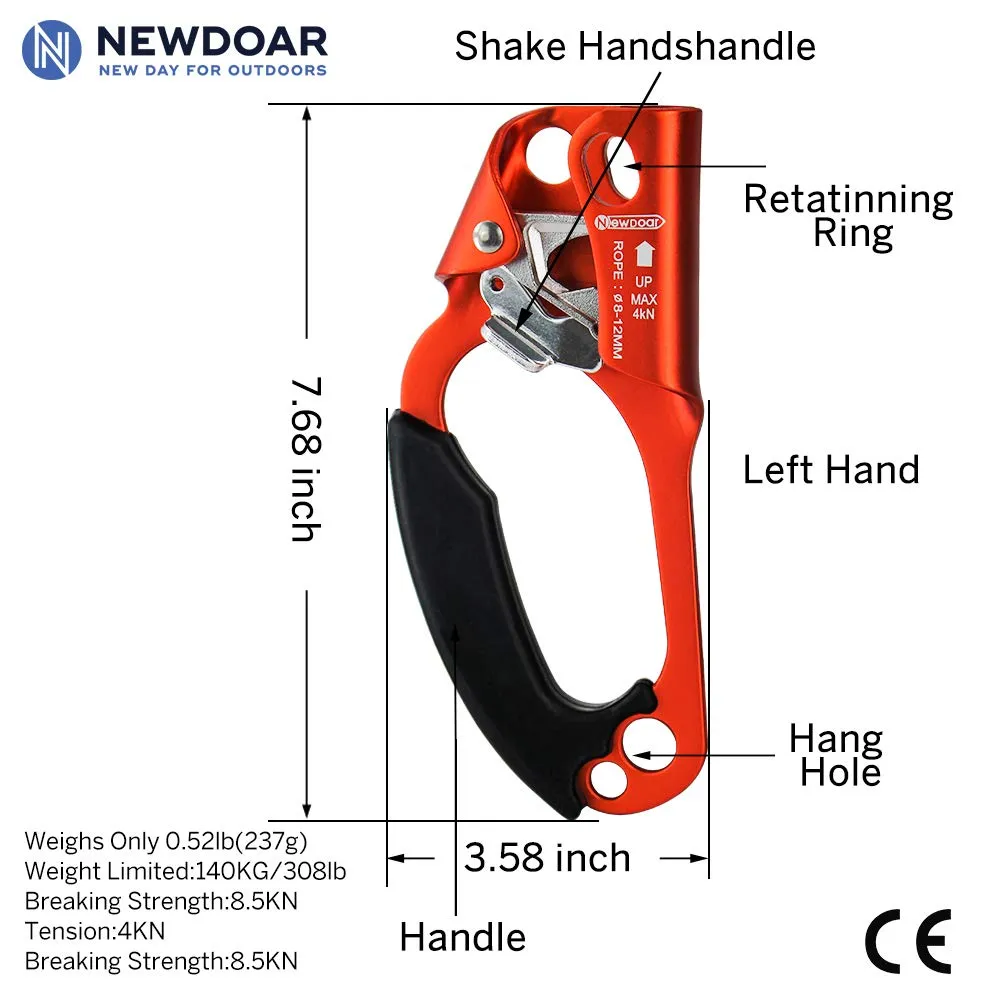 NewDoar Left Hand Ascender Rock Climbing CE Certified(Left Orange)