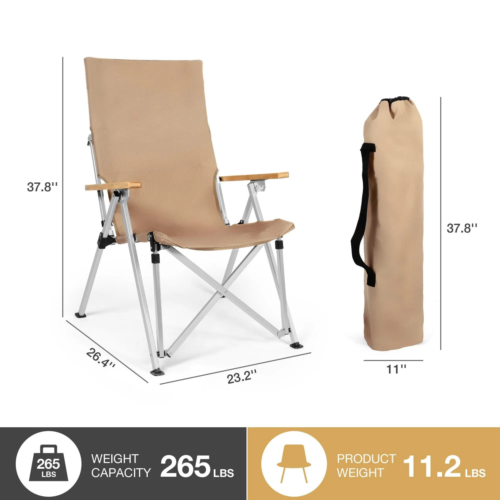 Portable Folding Camping Chair with 3 Positions Adjustable Wooden Armrest Aluminum Frame, Beige