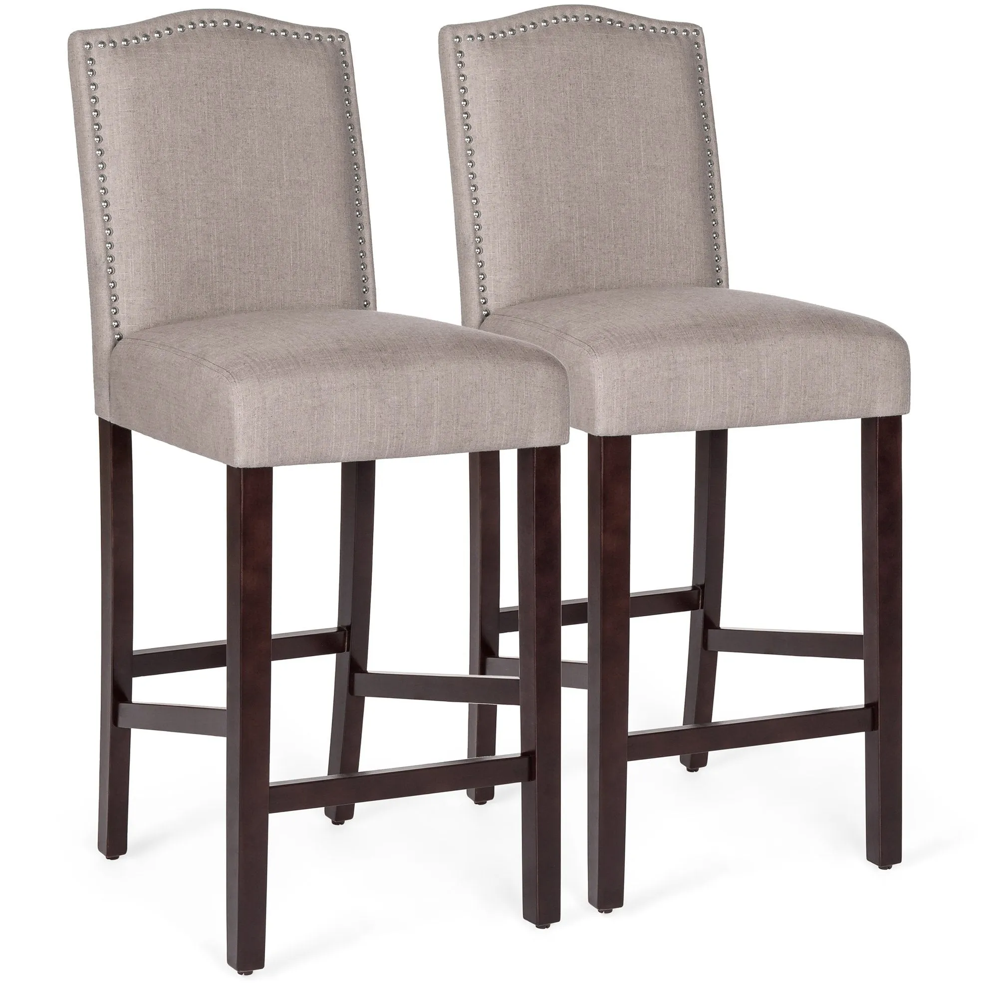 Set of 2 30in Upholstered Counter Height Bar Stools w/ Studded Trim Back