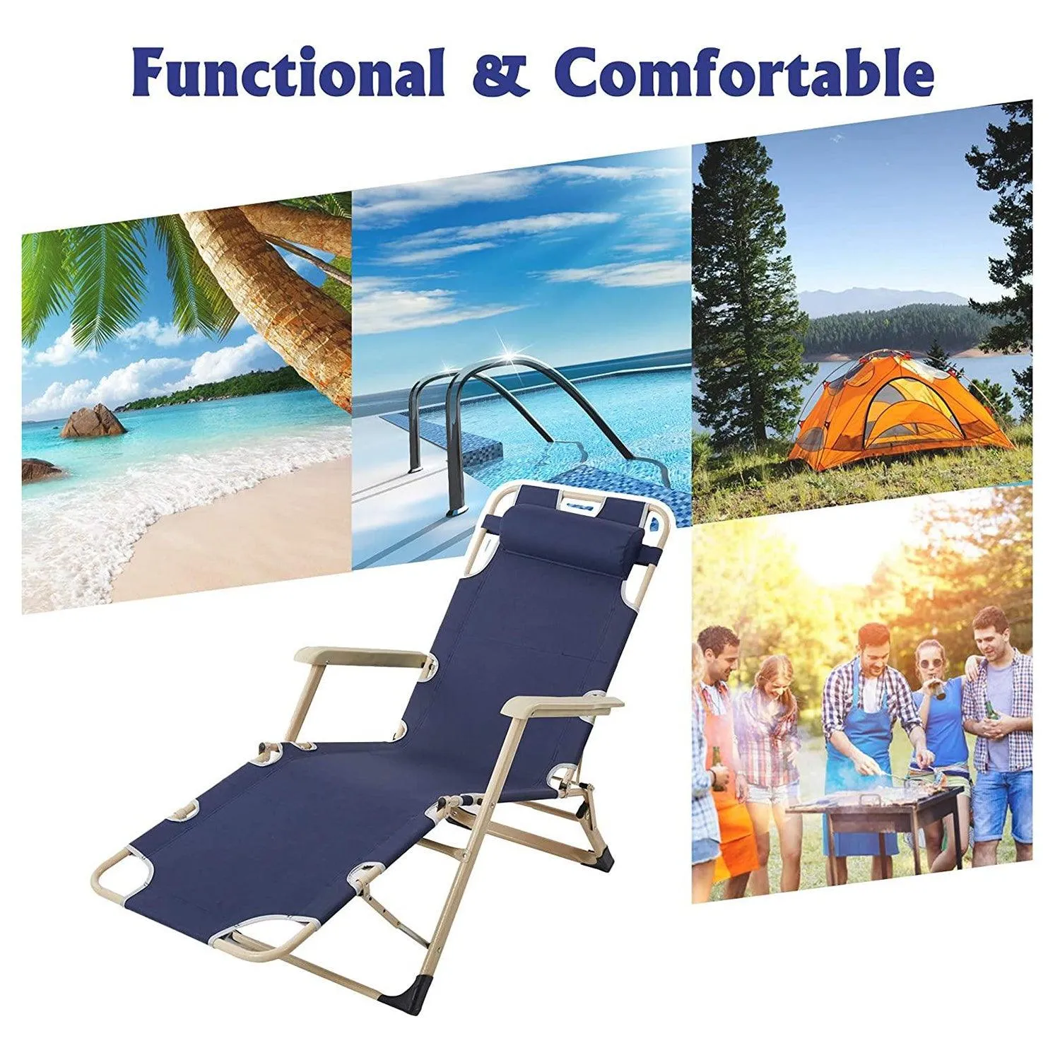 Set of 2 Foldable Outdoor Patio Chaise Lounge Chairs 70"L Folding Recliner, Dark Blue