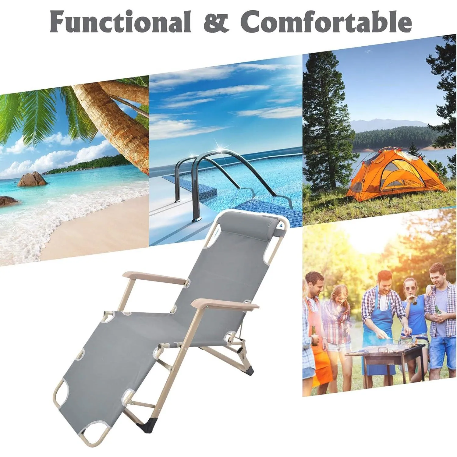 Set of 2 Foldable Outdoor Patio Chaise Lounge Chairs 70"L Folding Recliner, Gray