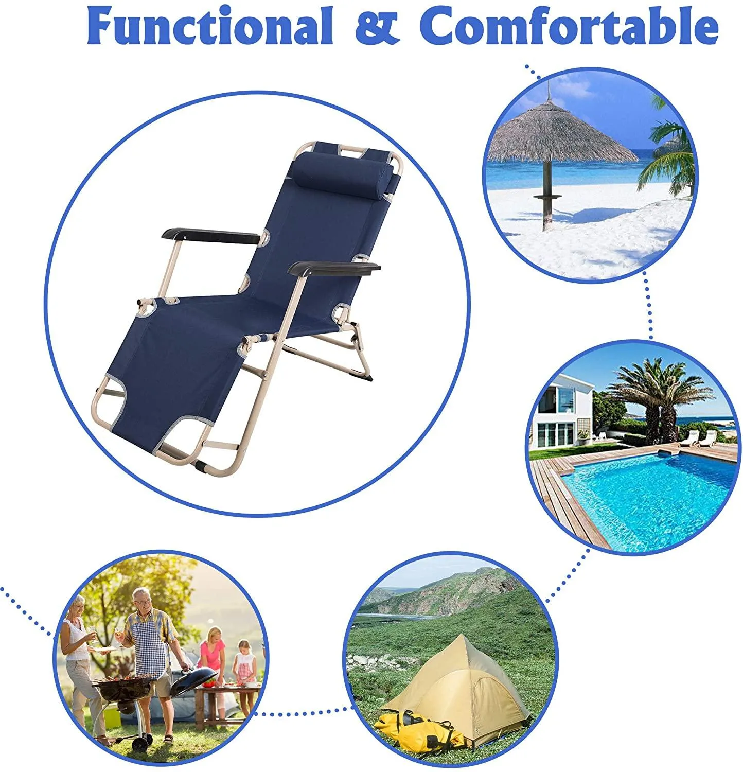 Set of 2 Portable Chaise Lounge Chair 60"L Flat Folding Outdoor Recliner Chairs, Dark Blue