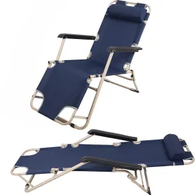 Set of 2 Portable Chaise Lounge Chair 60"L Flat Folding Outdoor Recliner Chairs, Dark Blue