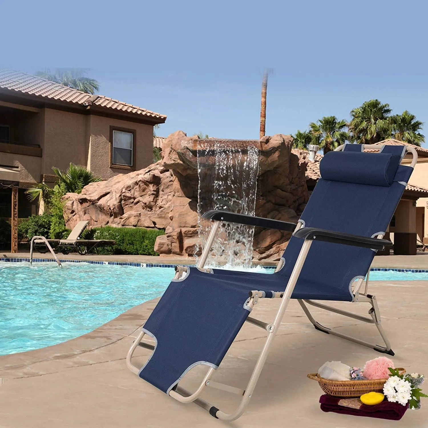 Set of 2 Portable Chaise Lounge Chair 60"L Flat Folding Outdoor Recliner Chairs, Dark Blue