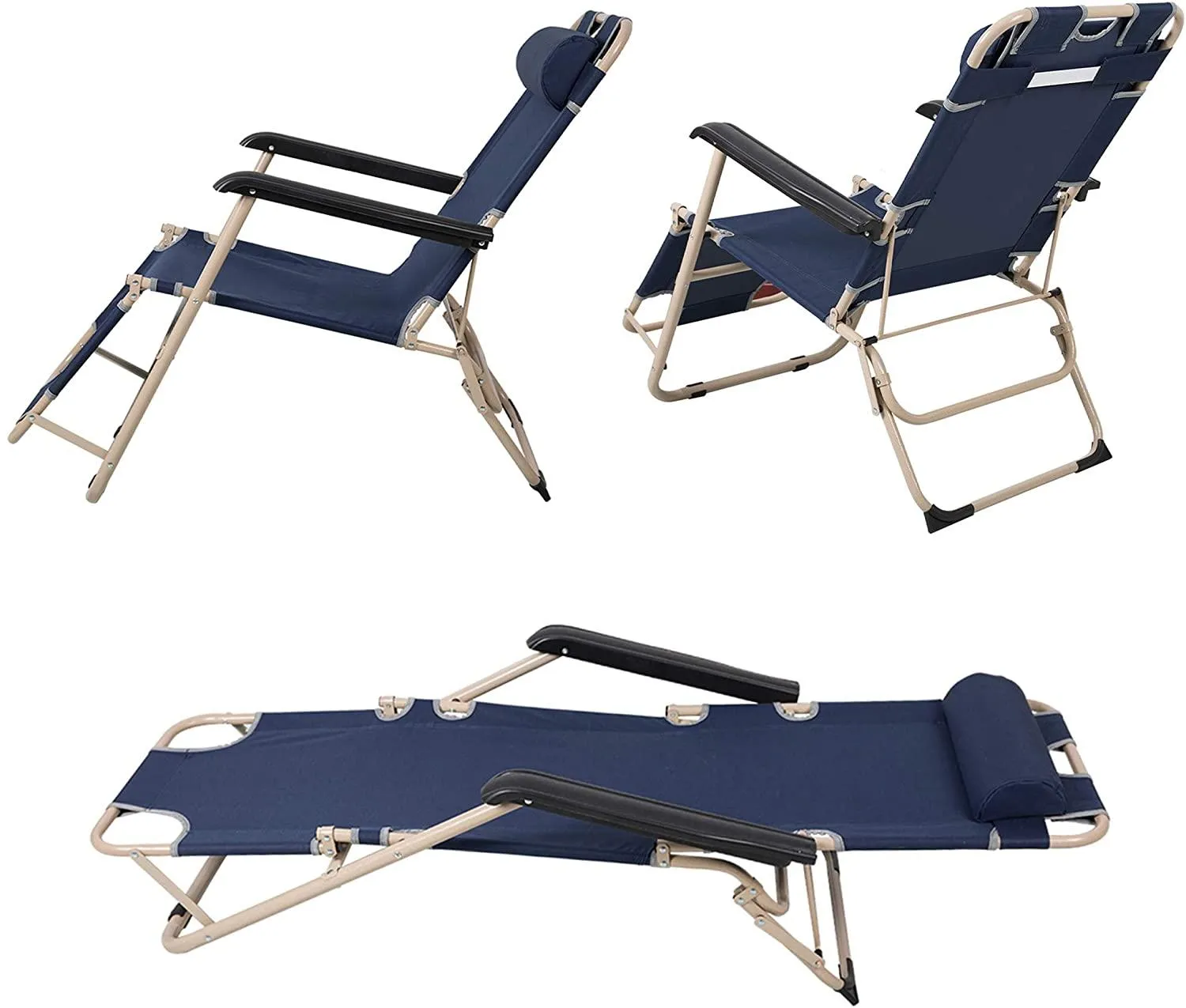 Set of 2 Portable Chaise Lounge Chair 60"L Flat Folding Outdoor Recliner Chairs, Dark Blue