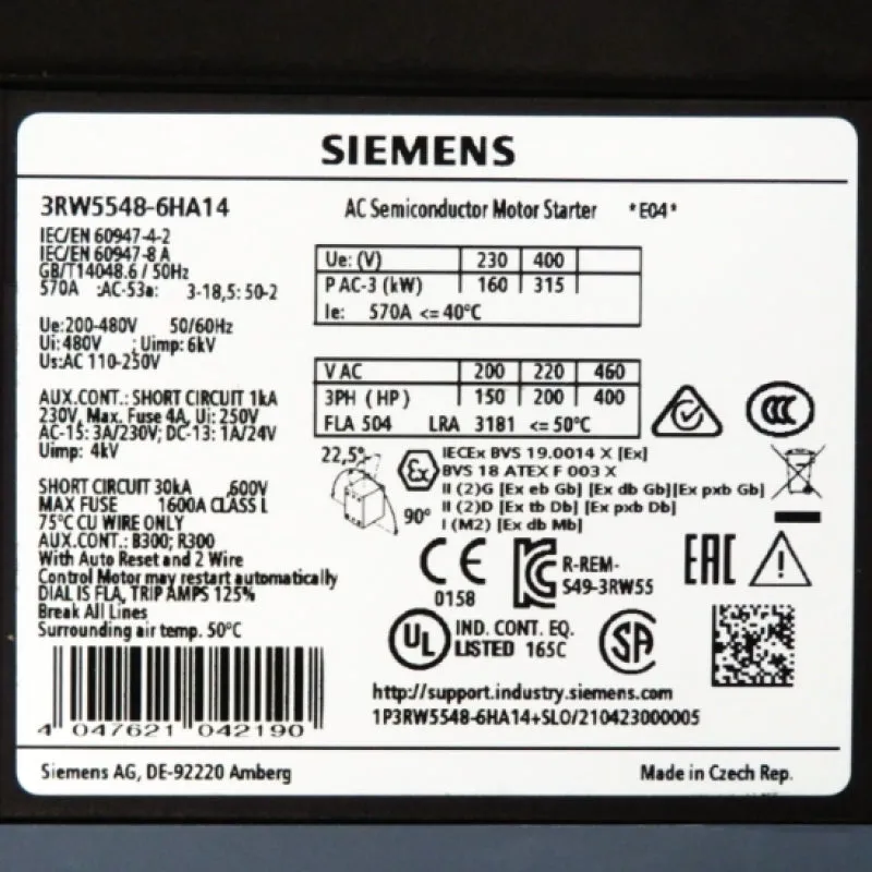 Siemens Sirius 200-480V 570A Soft Starter 3RW5548-6HA14